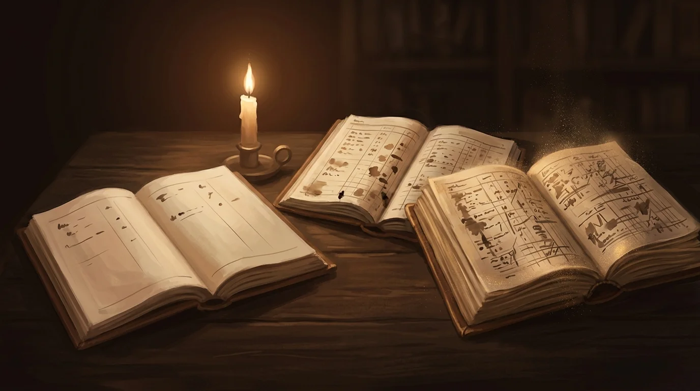 Three open ledger books arranged around a single candle, each catching the same light differently — one page thin, one fuller, one dense with entries