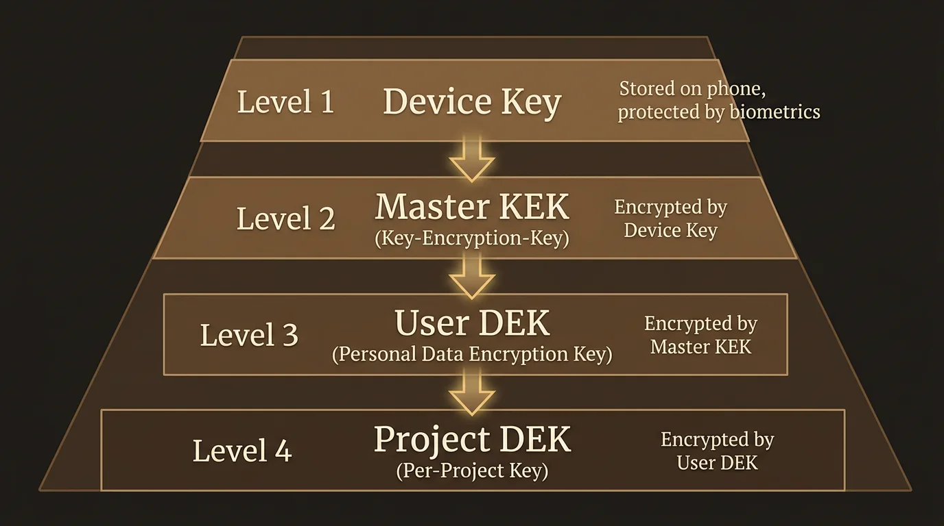 Encryption key hierarchy: Device Key, Master KEK, User DEK, Project DEK