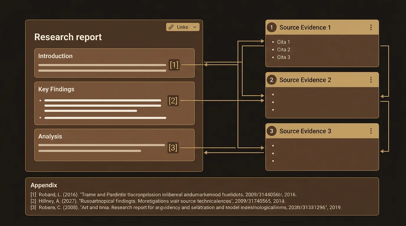 Report structure with source links to evidence graph