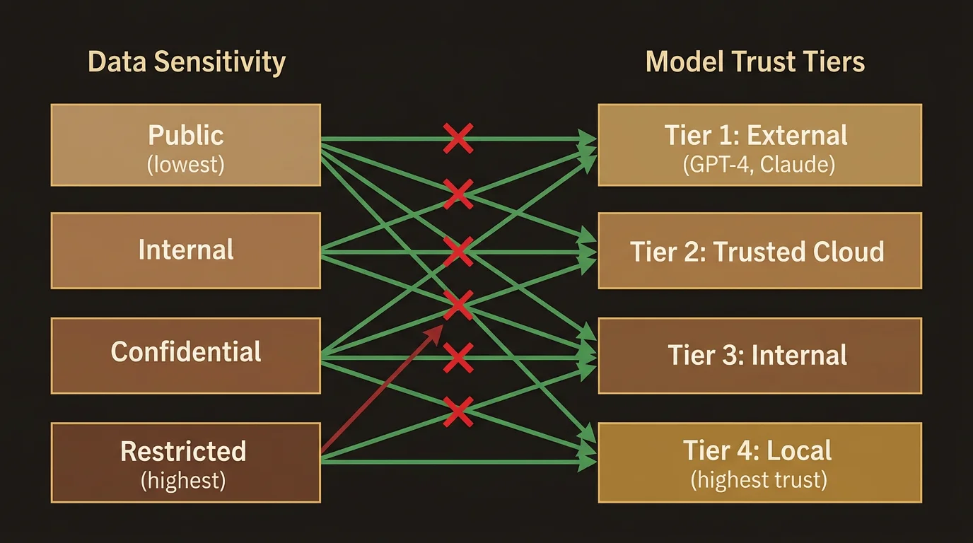 Trust tier routing: sensitivity levels mapped to model trust tiers