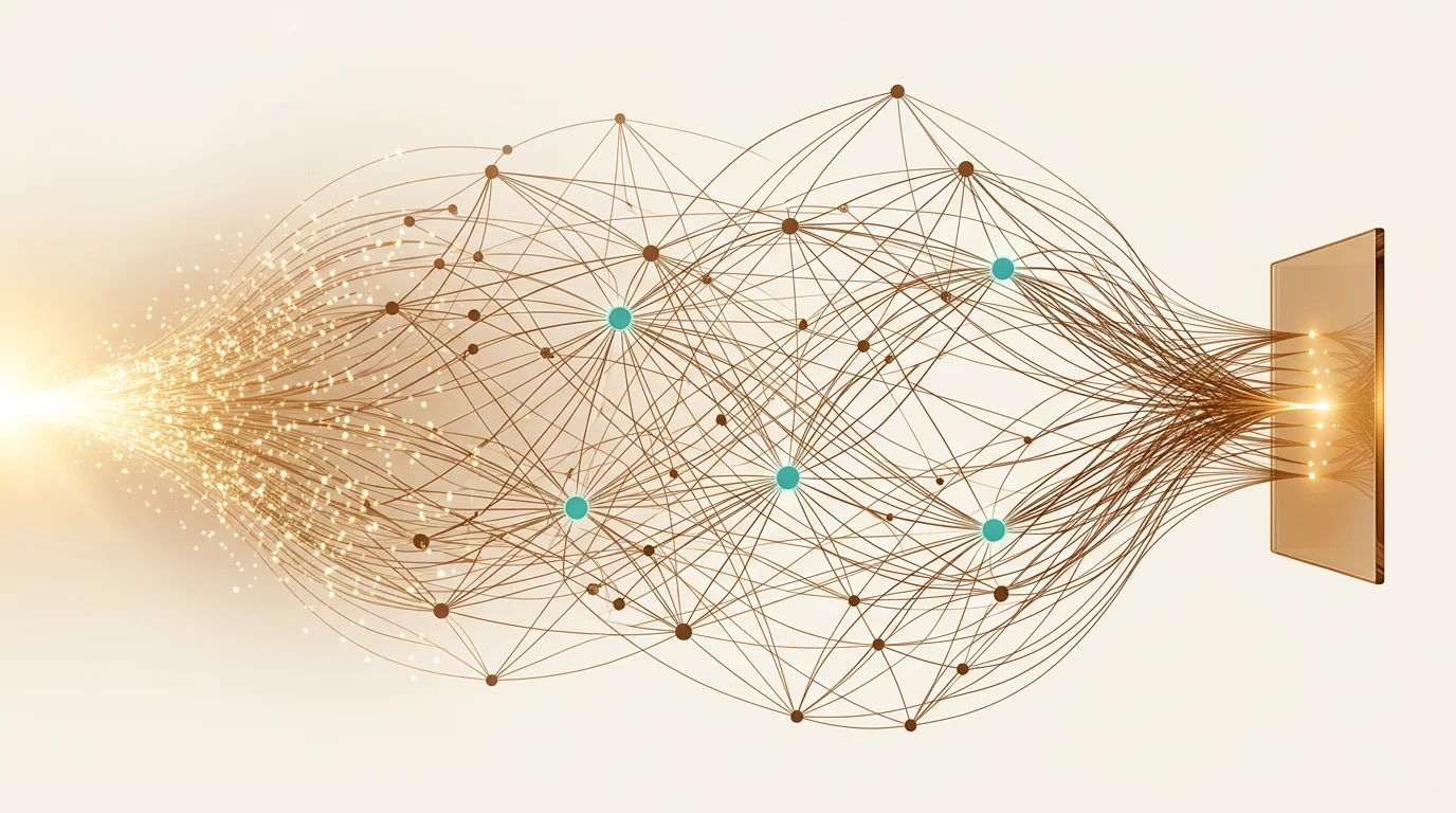A research question expands into a constellation of interconnected knowledge nodes, then converges into a polished report