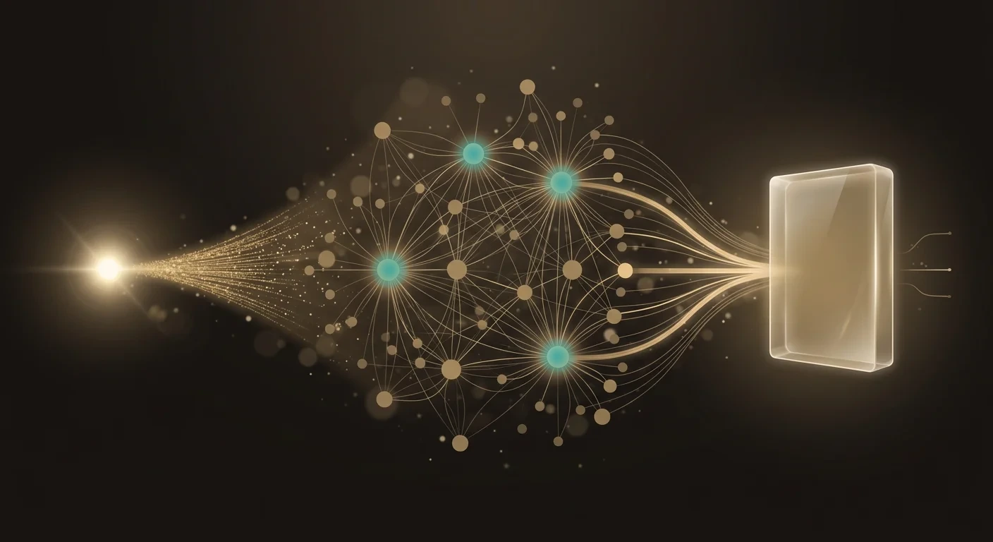 A research question expands into a constellation of interconnected knowledge nodes, then converges into a polished report