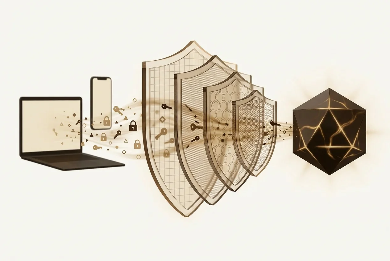 Security architecture overview: devices emit encryption keys through layered security shields to a protected data vault