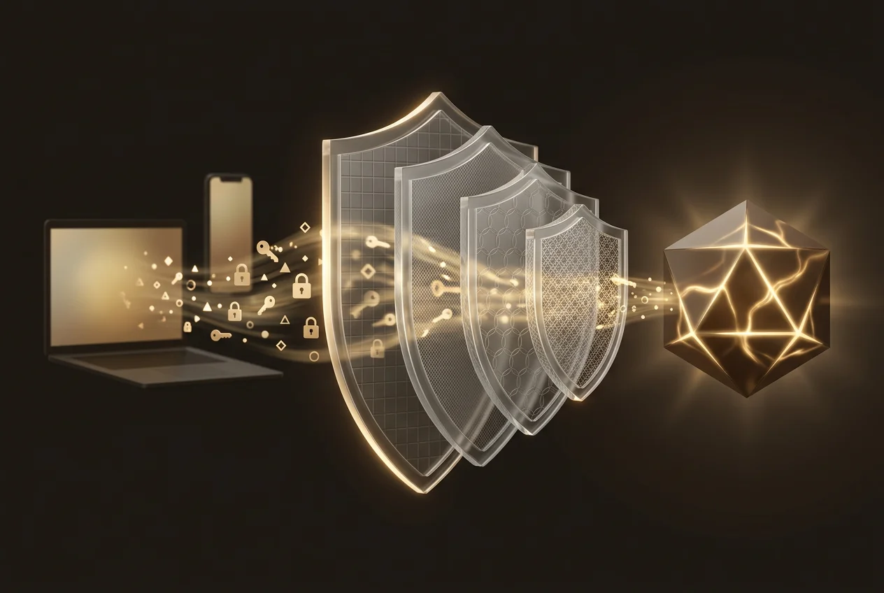 Security architecture overview: devices emit encryption keys through layered security shields to a protected data vault