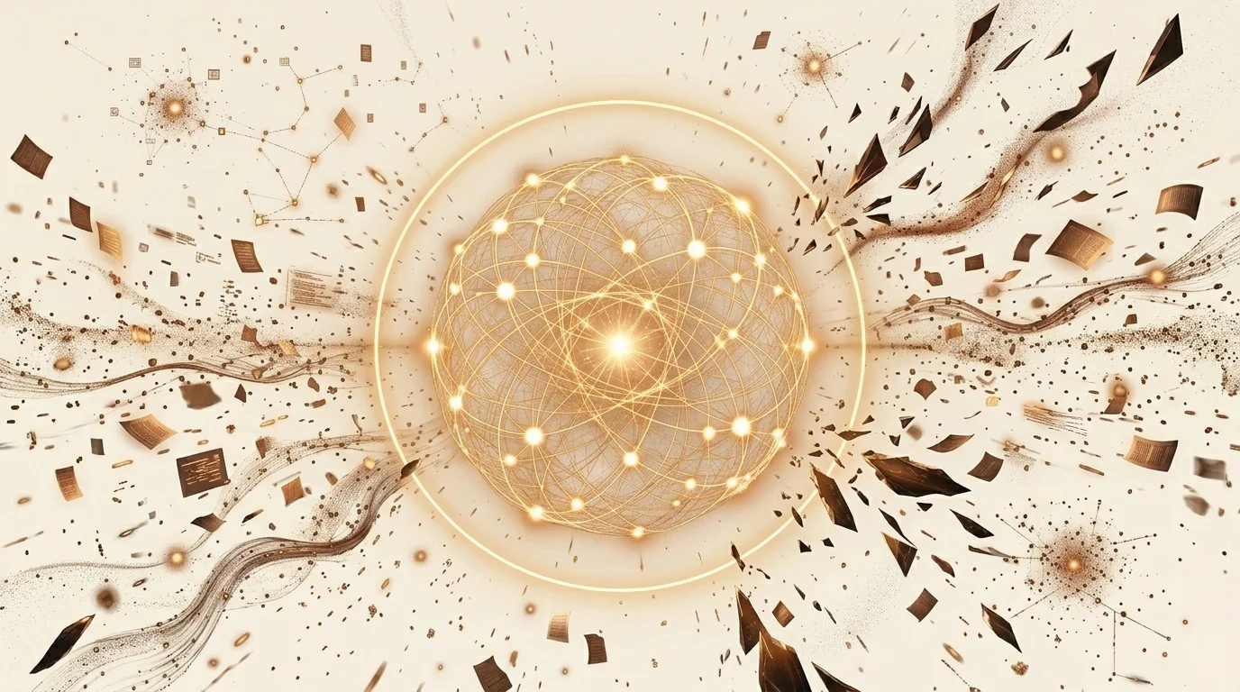 A glowing web of knowledge held inside a ring of light, with the open internet teeming beyond it